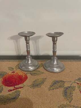 Vintage Ribbed Metal Pillar Candlestick Holders Set of 2